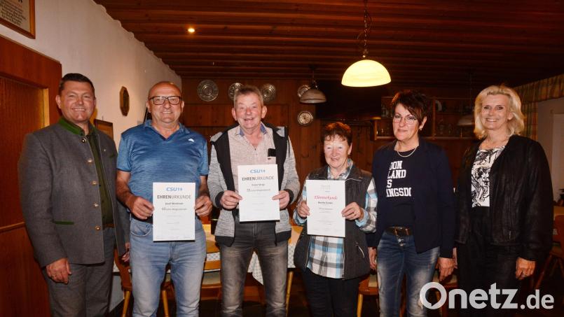 CSU-Ortsvorsitzender Rainer Rewitzer (links), stellvertretende FU-Kreisvorsitzende Andrea Lang und FU-Ortsvorsitzende Heidi Völkl (von rechts) ehren die Mitglieder Josef Windirsch, Franz Strigl und Monika Enslein für ihre langjährige Treue zum CSU- und FU-Ortsverband Pleystein. Bild: bey
