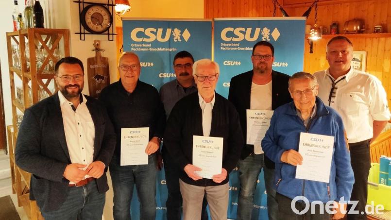 Ehrungen standen beim CSU-Ortsverband Pechbrunn-Groschlattengrün an. Im Bild (von links) stellvertretender Kreisvorsitzender Matthias Grundler, Konrad Weiß, Alfons Grillmeier, Rudolf Dressel, Stephan Schübel, Alois Übelmesser und Ortsvorsitzender Josef Hollmann. Bild: CSU Pechbrunn-Groschlattengrün/exb