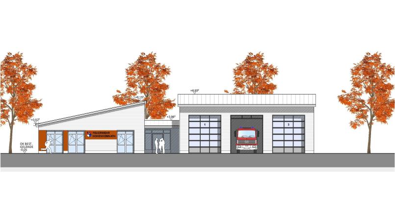 Die Feuerwehr Hohenkemnath erhält ein neues Gerätehaus. Das Bild zeigt die östliche Ansicht dieser geplanten Investition in Höhe von einer Million Euro. Bild: Architekturbüro Atelier 13 GmbH/exb