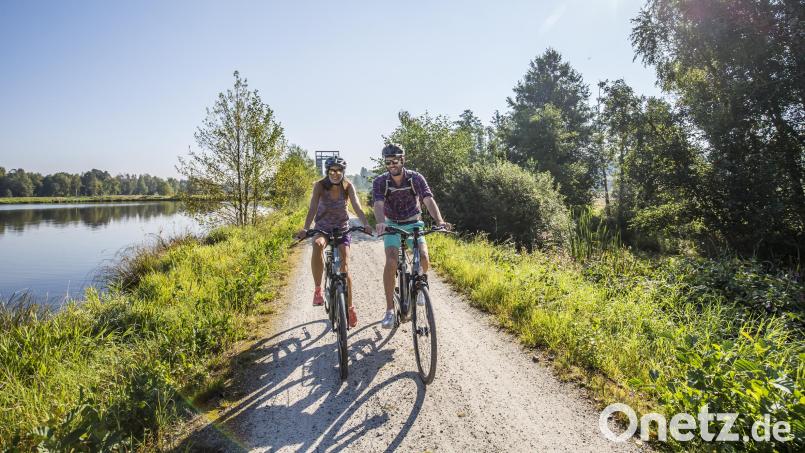 Wo früher die Eisenbahn verkehrte, bewährt sich heute der Vizinalbahnradweg. Wie hier in der Tirschenreuther Teichpfanne genießen die Radfahrer das flotte Vorankommen ohne große Steigungen. Bild: Thomas Kujat/Oberpfälzer Wald/exb