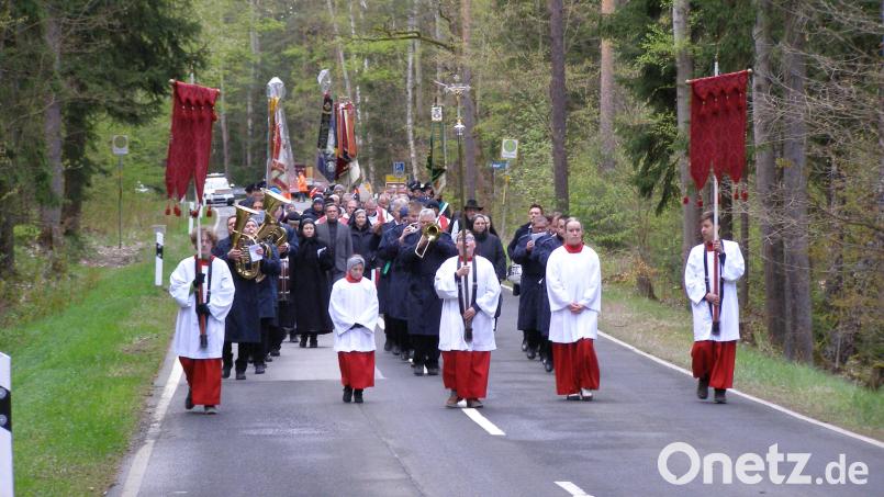 Ordensleute, Priester und Ehrengäste sowie die Fahnenabordnungen zogen mit der Münchenreuther Bauernkapelle an der Spitze zur Gedenkstätte Köllergrün, die vor 50 Jahren auf Initiative des Gerwig-Kreises errichtet worden war. Bild: pz