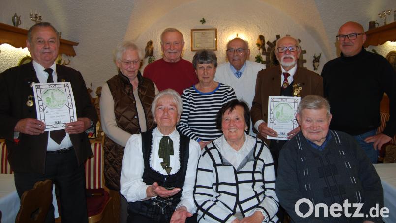 Langjährige Mitglieder zeichnete die Eghalanda Gmoi Waldsassen aus. Im Bild (stehend, von links) Vorsitzender Josef Heinz, Gerlinde Bauer, Heinz Pleier, Annelies Pleier, Wolfgang Sommer, Rudolf Hannawald und Stadtrat Bernhard Lux sowie (sitzend, von links), Elfriede Hannawald-Fastner, Marianne Bauer und Edmund Bittner. Bild: Susanne Wenzel/exb