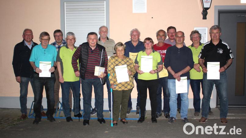 Bürgermeister Werner Prucker (von links) mit den Geehrten und Verantwortlichen: Norbert Wolff, Edgar Wagner, Bernhard Greger, Arthur Neugirg, Manfred Zeitler, Heidemarie Beyer, Herbert Vielgut, Kornelia Zeus, Günter Konz, Klaus Ernstberger, Martin Hiller, Erna Ulrich und Peter Schieder. Bild: Siedlergemeinschaft Reuth-Premenreuth/exb
