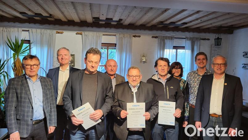 Die CSU Süß ehrt langjährige Mitglieder (von links): stellvertretender Ortsvorsitzender Manfred Wendl, MdL Harald Schwartz, Ronald List, Zweiter Bürgermeister Georg Götz, Ortsvorsitzender Uwe Friedrich, Norbert Simon, Dritte Bürgermeisterin Evi Höllerer, Listenkandidat Martin Fleischmann und Erster Bürgermeister Bernhard Lindner. Bild: ufh