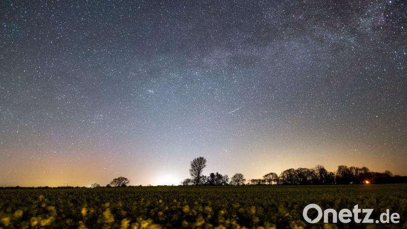 Der Sternenhimmel leuchtet über einem Rapsfeld. Auch im Mai lohnt sich ein Blick ins Firmament (Archivbild). Bild: Daniel Reinhardt/dpa