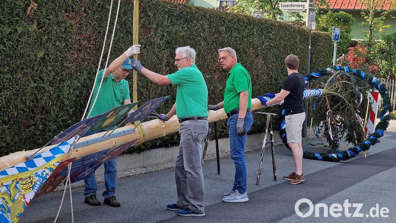 Noch liegt der geschmückte Baum mit Schildern der Innungs- und Berufszünfte, die neu angeschafft wurden, auf Holzböcken. Bild: R. Kreuzer