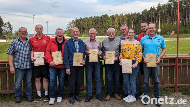 Vorsitzender Andreas Wiesner (von links) und Alexander Sommer ehrten Anton Haller und Hans Höfler für 60 Jahre Mitgliedschaft. Walter Witetschek ist 50 Jahre dabei, Oskar Lottner ebenfalls 60 Jahre. 50 Jahre treu sind Bernhard Honig, Simon Cholodov, Emma Honig und Bernd Schmid. Bild: Erwin Herbert/exb