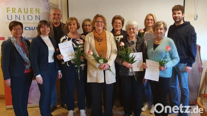 Freuen sich über die Ehrung zahlreicher Mitglieder der Frauen-Union Weiherhammer: stellvertretende Kreisvorsitzende Marianne Lebegern, Ortsvorsitzende Nicole Presche, Bürgermeister Ludwig Biller, Liliane Nasz, Birgit Krügelstein, Inge Kellermann, Reingard Heibl, Gerlinde Gründel, Barbara Kiener, Roswitha Hirmer und JU-Ortsvorsitzender Luis Heibl (von links). Bild: Gudrun Heibl/exb