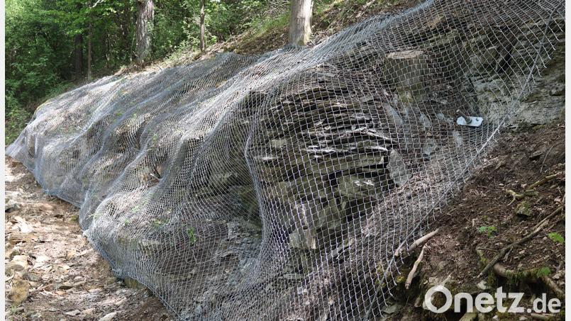 Nun sind die Felsen mit einem Spezialgitter (Bild) sowie einem Steinschlagschutzzaun abgesichert. Bild: mrr