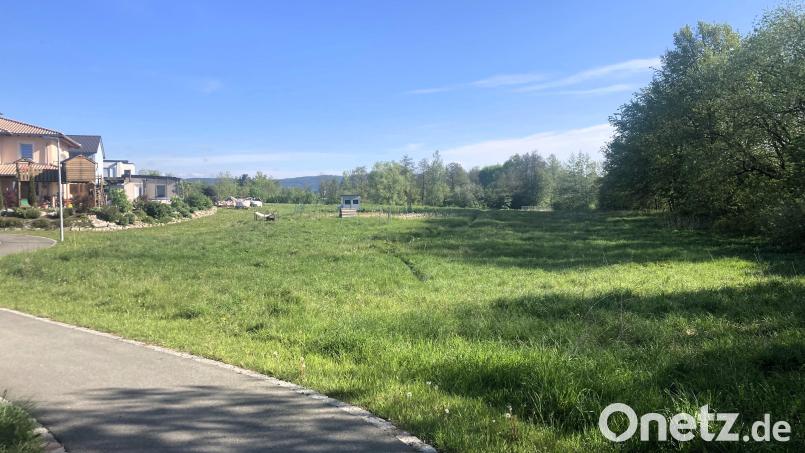 Auf dieser Fläche östlich des Fußweges zwischen „Hinter dem Kloster“ und Johann-Hader-Straße soll das geschlossene Regenrückhaltebecken entstehen. Bild: stg