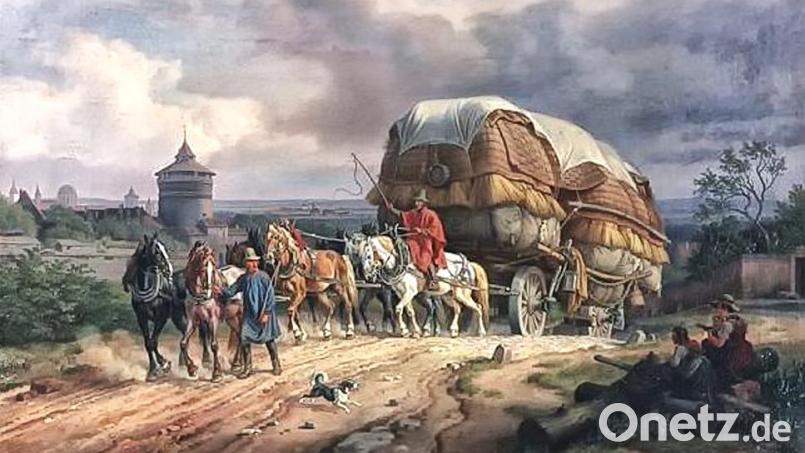 So stellt sich Künstler Johann Adam Klein einen Handelswagen auf der Goldenen Straße vor. Das Bild ist im Stadtmuseum im Fembohaus Nürnberg zu sehen. Repro: Hans Meindl