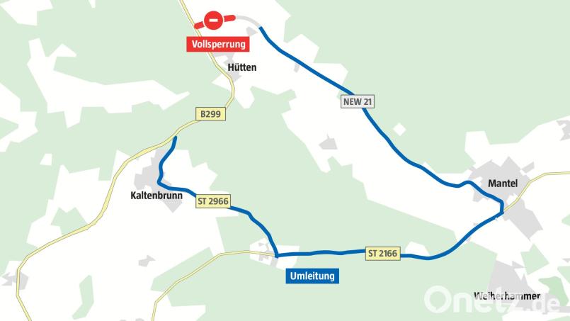 Aufgrund von Bauarbeiten ist die Ortseinfahrt Hütten bei Grafenwöhr für mehrere Wochen gesperrt. Grafik: Marco Meier