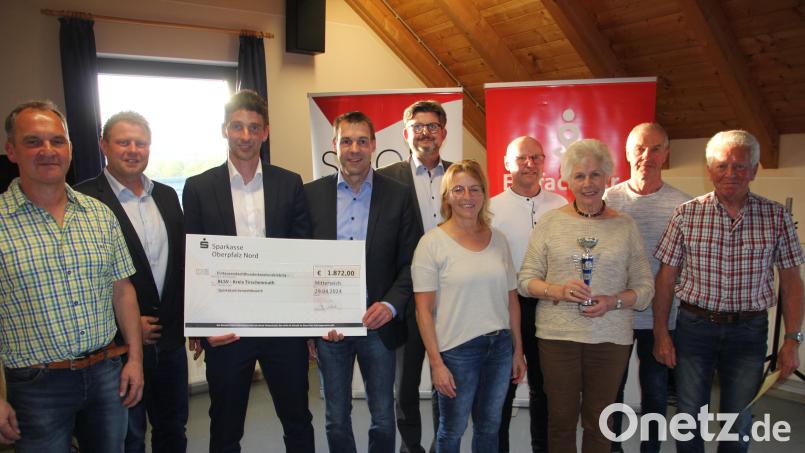 1 441 Sportabzeichen wurden im Jahr 2023 im BLSV-Kreis Tirschenreuth errungen. Ausgezeichnet wurden dabei die Vereine, die am erfolgreichsten waren. Das Bild zeigt die Vertreter der Vereine mit Kreis-Sportabzeichenreferent Werner Selch, Mitterteichs Bürgermeister Stefan Grillmeier, Manuel Waller von der Sparkasse, BLSV-Kreisvorsitzendem Andreas Malzer und Schulamtsdirektor Armin Engel (von links). Bild: kro