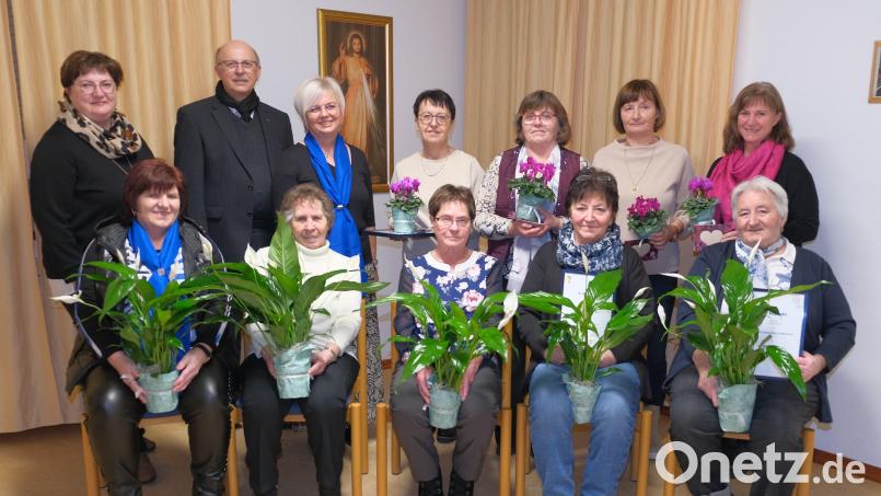 Beim Frauenbund Teunz werden langjährige Mitglieder geehrt. Im Bild die Ausgezeichneten zusammen mit (hintere Reihe von links) stellvertretender Bezirksvorsitzenden Rita Kammerer, Pfarrer Herbert Rösl und Vorsitzender Elisabeth Dietz. Bild: Heike Krafczyk/exb