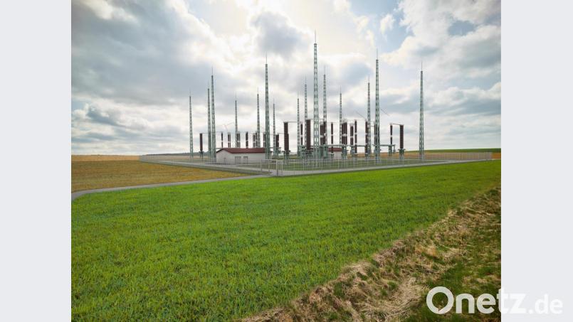 Die beiden Gebäude der Kabelabschnittsstation sind von hohen Blitzschutzanlagen umgeben, wie eine Visualisierung des Netzbetreibers Tennet zeigt. Eine solche Anlage soll nahe Weihern entstehen. Bild: Tennet TSO/exb