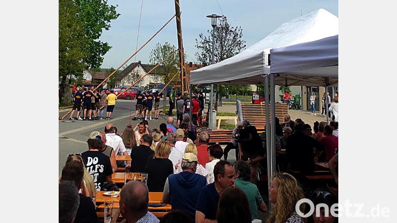 Mit „Hau ruck“ stand das Frühlingszeichen auch in Schlammersdorf in der Senkrechten. Viele Besucher verfolgten das traditionelle Spektakel zwischen Feuerwehr- und Bürgerhaus. Bild: lgc