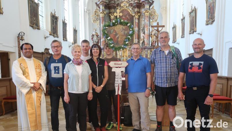 Für oftmaliges Pilgern werden einige Vilsecker Wallfahrer geehrt (von links): Stadtpfarrer Pater Robin Xavier, Franz Stubenvoll (30-maliges Pilgern), Gisela Weiß (30), Bildträger Elias Schießlbauer, Claudia Ziegler (35), Bildträger Noah Ziegler, Josef Stauber (35), Albert Köstler (25) und stellvertretender Wallfahrtsführer Peter Ziegler. Bild: rha