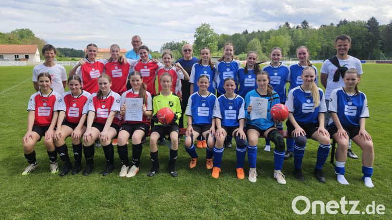 Die Mannschaften Mädchen II nach dem Regionalentscheid beim SV Sorghof (von links): Sieger Dr.-Johanna-Decker-Gymnasium Amberg und das zwietplatzierte HCA-Gymnasium Sulzbach-Rosenberg mit (hinten, von links) Oberstudienrätin i. K. Ulrike Grötsch, Schiedsrichter Reinhard Wiesmeth, Mädchen-Fußball-Obmann Karl Heinz Grollmisch und Studienrat Thorsten Becker (HCA). Bild: khg