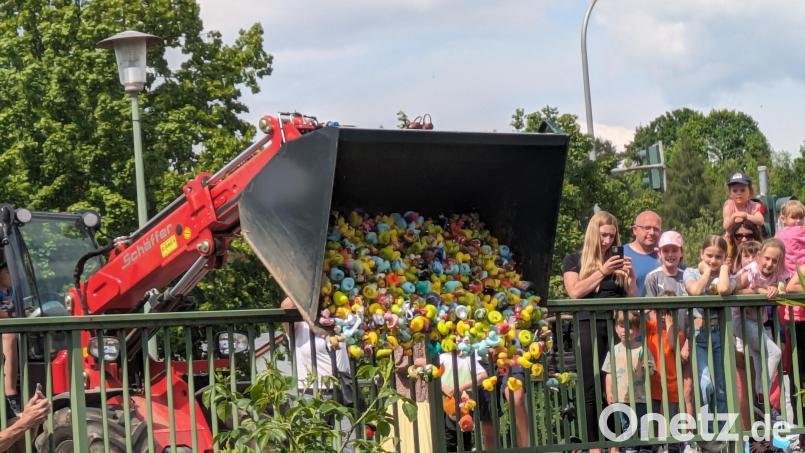 Zum Auftakt des Riedener Entenrennens kippt ein Radlader die Plastiktierchen in die Vils. Bild: gau