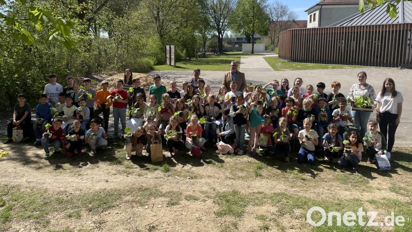 Die Drittklässler der Grundschule Waldsassen mit den drei Klassenleiterinnen sowie Silvia Engel und Klaus Schuster (hinten, Mitte) vom OGV Waldsassen nach der Ausgabe der vorgezogenen Kürbispflanzen. Bild: Klaus Schuster/exb