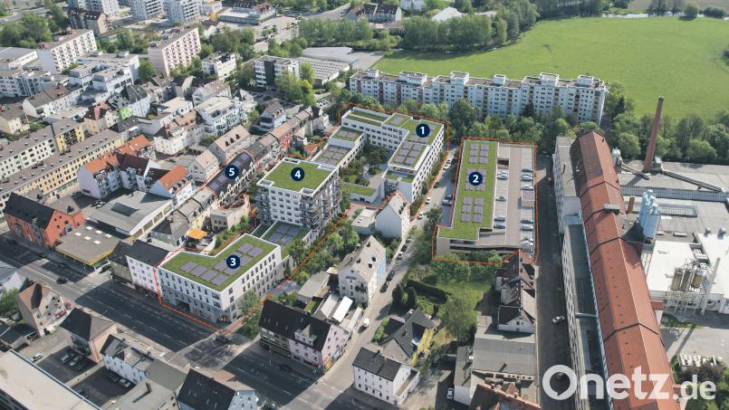 Das Landesamt für Finanzen (1), ein Parkdeck (2), ein Ärztehaus (3) und ein Wohnturm (4) entstehen in den nächsten Jahren auf dem ehemaligen Gelände der Bürgerbäu in der Bahnhofstraße. Unabhängig davon schließen mehrere Reihenhäuser (5) eine Baulücke in der Schabnerstraße. Bild: HL Immobilien Projekt 2 GmbH &amp; Co. KG