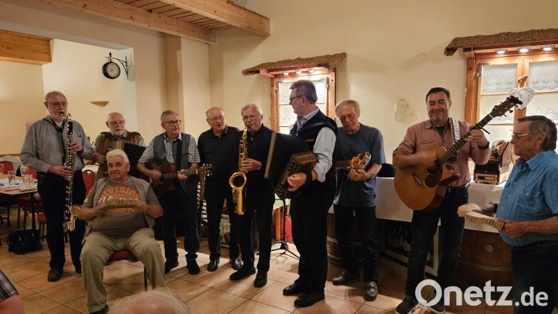 Sie sorgten beim Musikantenstammtisch wieder für Stimmung (vorne, sitzend) Dieter Paulus sowie (dahinter, von links) Herbert Storek, Helmut Jilg, Rainer Marquardt, Theo Helgert, Willi Prechtl, Erwin Hornauer, Wolfgang Pülhorn, Werner Meier und Werner Ponnath. Bild: B. Hecht/exb