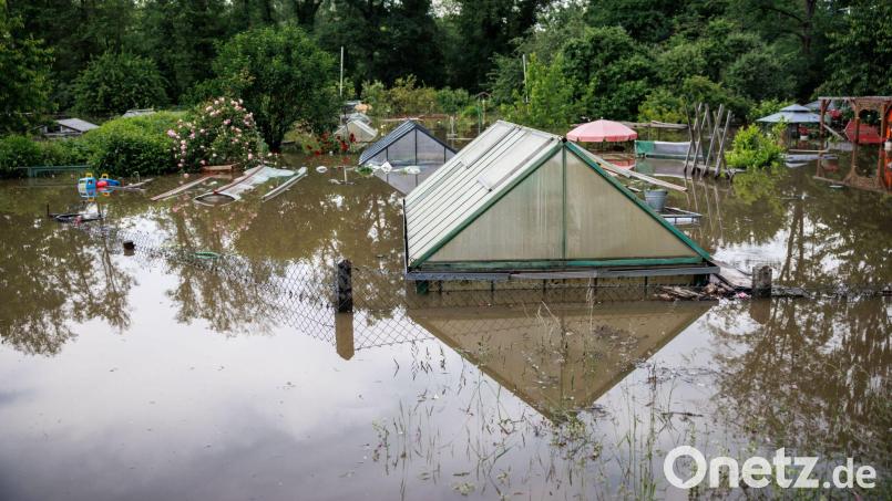 Eine Schrebergartensiedlung nahe der Donaubrücke ist überflutet. Bild: Matthias Balk/dpa