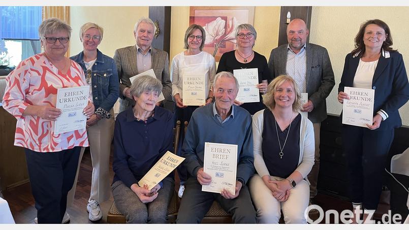 Die Geehrten mit stellvertretender Bezirksvorsitzender Michaela Bergmann (stehend, Zweite von links) sowie Kreisverbandsvorsitzender Angelika Luber (sitzend, rechts). Bild: Armin Aichinger/exb