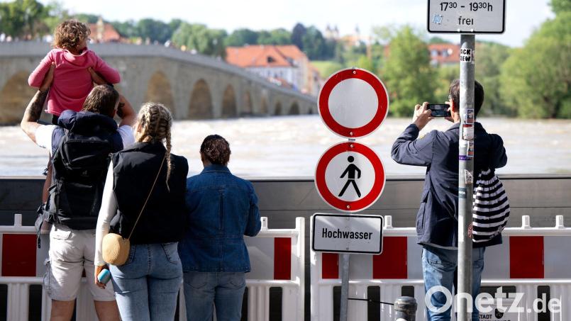 Menschen schauen sich in der Altstadt am Donauufer hinter einer Schutzwand das Hochwasser an. Bild: Sven Hoppe/dpa