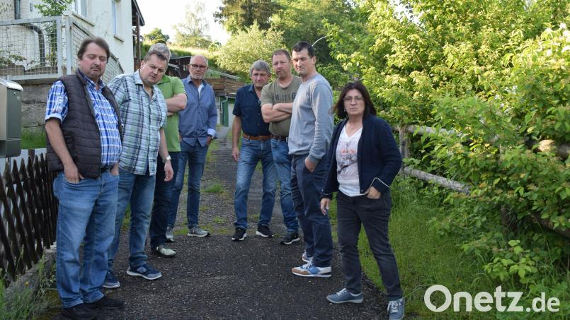 Der Gemeinderat besichtigt die marode Zufahrt am Hammerberg. Eine Sanierung wäre dringend notwendig. Bild: bnr