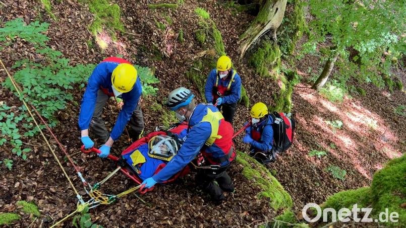 Sie sind die Experten für Notfälle in steilem oder unwegsamen Gelände: Bei einer Übung im Lauterachtal zeigt die Bergwacht Amberg, wie sie einen Verletzten von einem Hang abseilt. Bild: eik
