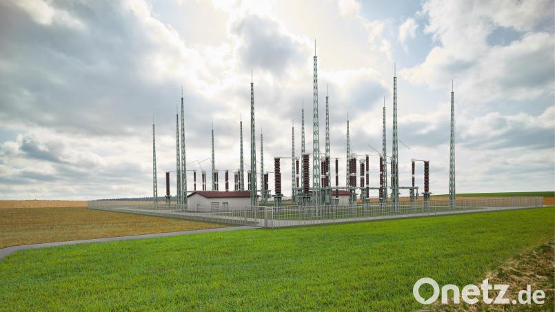 Die beiden Gebäude der Kabelabschnittsstation sind von hohen Blitzschutzanlagen umgeben, wie eine Visualisierung des Netzbetreibers Tennet zeigt. Eine solche Anlage wird nahe Weihern entstehen. Bild: Tennet TSO/exb