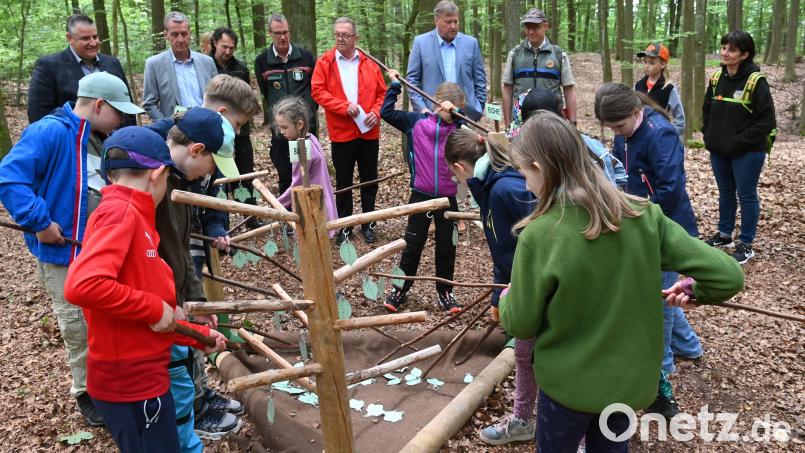 Blätter angeln, dabei ging es darum, Buchen-, Eichen- oder Ahornblätter zu erkennen und an den richtigen Baum zu hängen, aber das war für die Drittklässler kaum ein Problem. Bild: gf