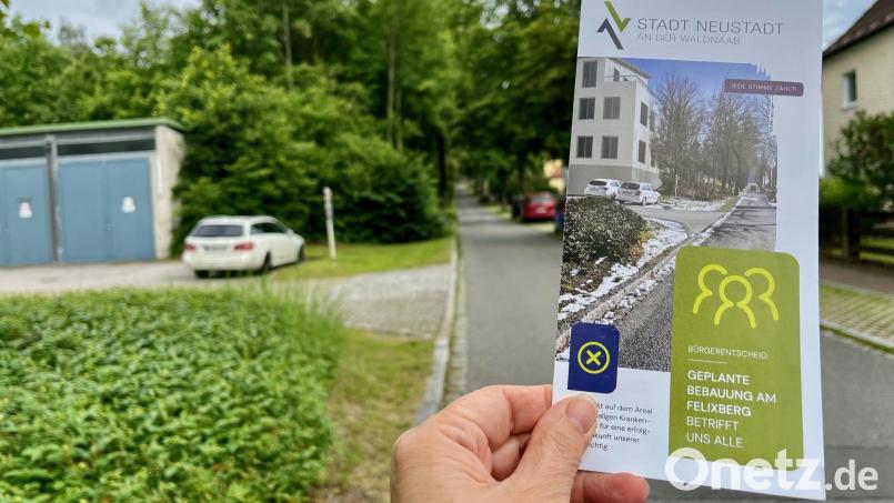 Mit diesem Flyer wirbt die Stadt für ihre Pläne, auf dem Felixberg ein Baugebiet für Mehrfamilienhäuser einzurichten. Schon die Ansicht auf der Titelseite, deren derzeitiger Zustand im Hintergrund zu sehen ist, ist nach Ansicht der Bürgerinitiative irreführend. Bild: Gabi Schönberger