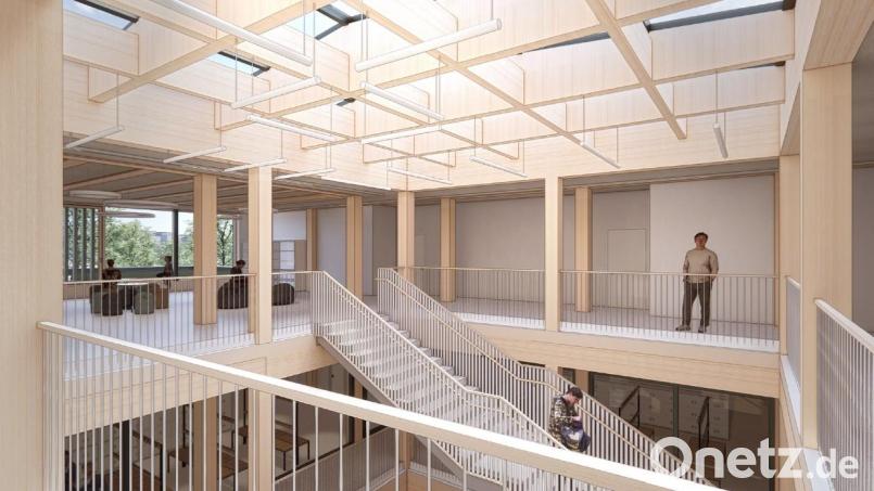 Hell, freundlich, mit viel Holz: So könnte es in der neuerbauten Grund- und Mittelschule in Windischeschenbach einmal aussehen. Bild: BFK Architekten und .atelier coa/exb