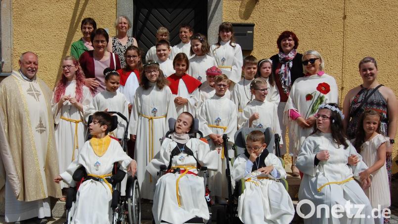 17 Kinder aus der Schule im Heilpädagogischen Zentrum Irchenrieth feierten mit Pfarrer Alfons Forster in der Pfarrkirche in Michldorf Erstkommunion. Bild: Albert Gruber