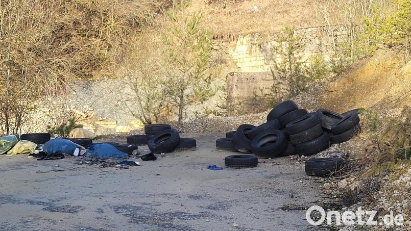 Eine der Stellen im stillgelegten Steinbruch Ernstfeld, an der Unbekannte Müll abgeladen haben. Sie sind vermutlich mit größeren Fahrzeugen unterwegs gewesen. In einem Teil der Abfälle wurden Adressdaten von möglichen Verursachern gefunden. Bild: Rainer Knoll / exb