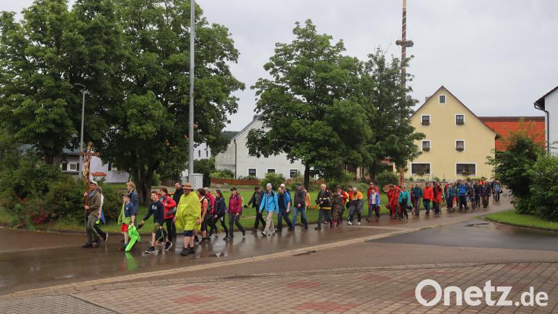 Die Wallfahrer aus der Pfarrei Rieden pilgern durch den Ort Berghausen in Richtung Habsberg. Bild: mrr