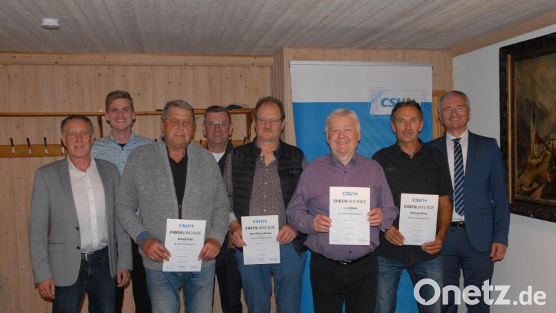 Der CSU-Ortsverband Schmidmühlen ehrt langjährige Mitglieder (von links): Ortsvorsitzender Mathias Huger, Martin Fleischmann, Alfons Popp, Peter Braun, Hans-Peter Gürtler, Paul Böhm, Michael Meier und Kreisvorsitzender Harald Schwartz. Bild: pop