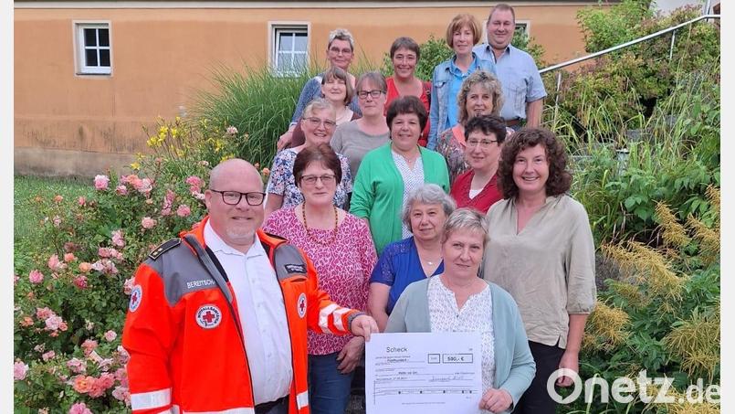 Kreisbäuerin Irmgard Zintl (vorne rechts) übergibt BRK-Kreisbereitschaftsleiter Christian Stahl (vorne links) einen Spendencheck über 500 Euro für die Helfer vor Ort. Mit im Bild die an der Aktion beteiligten Ortsbäuerinnen und Helfer. Bild: Nina Stahl/exb