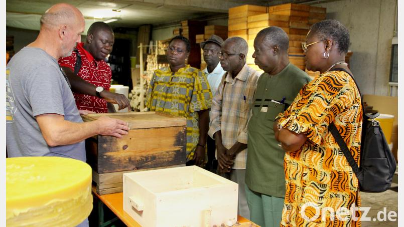 Großen Einfluss auf die Qualität der Honigernte hat die Konstruktion eines Bienenkastens. Davon überzeugte Imker Alfons Wittmann (von links) die Besucher aus Senegal mit Etienne Manga (Imkereifachmann), Marie-Louise Diatta (stellvertretende Präsidentin der Imkervereinigung), Bernard Diatta (ASDI-Berater), Roger Diatta (Präsident der Imkervereinigung), Pascal Manga (ASDI-Präsident) und Margot Ciss (Dolmetscherin). Bild: Josef Böhm