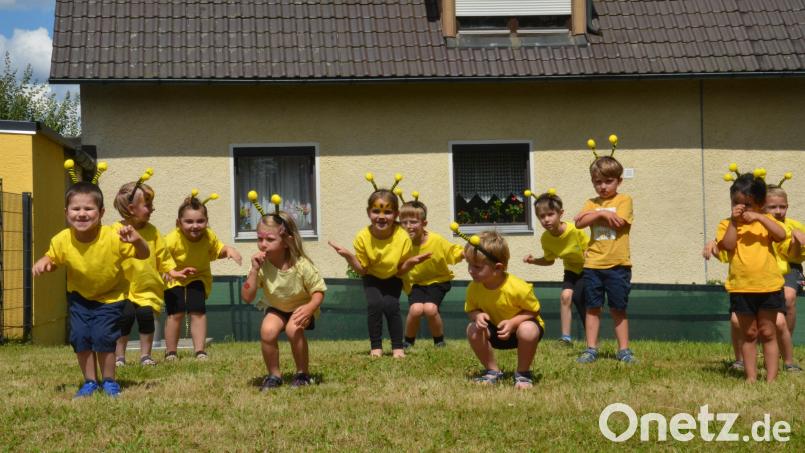 &quot;Guck mal diese Biene da&quot; singen die Mädchen und Buben des städtischen Kindergartens Roggenstein beim Sommerfest. Bild: dob