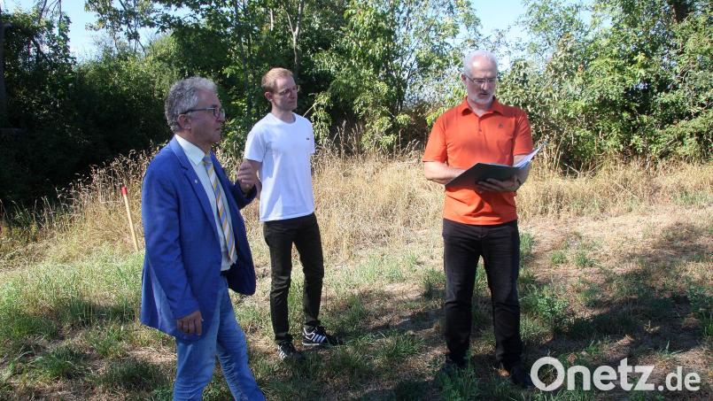Bürgermeister Toni Dutz (links) mit Daniel Völkl und Thomas Weiß (rechts) aus der Gemeindeverwaltung bei einer Besprechung am künftigen Neubaugebiet &quot;Kreuzberg Ost - Am Sonnenhang&quot;. Bild: wro