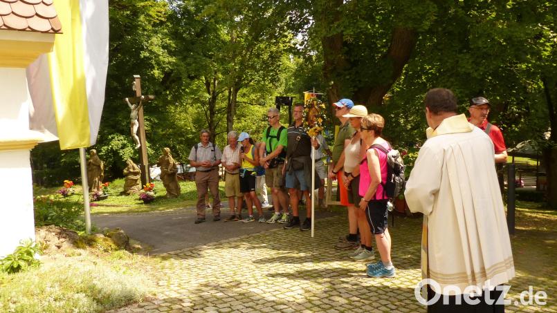 An der 14. Kreuzwegstation erwartet Pfarrer Herbert Mader die Wallfahrer aus Auerbach und begleitet sie in die Annabergkirche. Bild: mfh