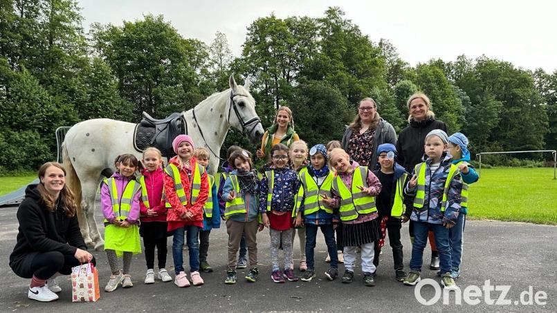 Die Vorschulkinder trafen bei ihrer Abendwanderung auch auf Pippi Langstrumpfs Pferd „Kleiner Onkel“. Bild: Kinderhaus Immenreuth/exb