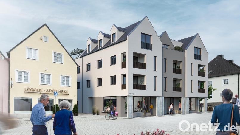 So könnte das neue Gebäude am Stadtplatz zukünftig aussehen. Regerbau und Architekt Andreas Greiner legte den Stadträten ihr Konzept vor. Grafik: bildraumwest