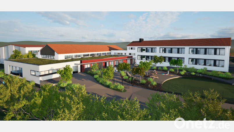 Die Planer von &quot;H+F Architekten&quot; präsentieren dem Stadtrat, wie die Grund- und Hauptschule einmal aussehen soll. Grafik: H+F Architekten