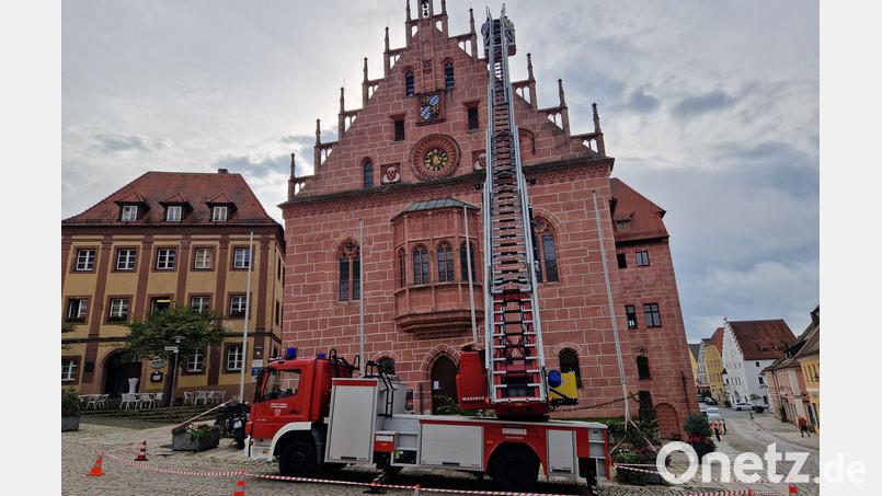 Nein, der Bürgermeister musste nicht mithilfe der Drehleiter aus seinem Büro gerettet werden. Dennoch war die Feuerwehr im Einsatz, damit zwei Experten die Fassade des historischen Sulzbacher Rathauses untersuchen konnten. Hier hat Regenwasser Schäden angerichtet. Bild: Tobias Gräf