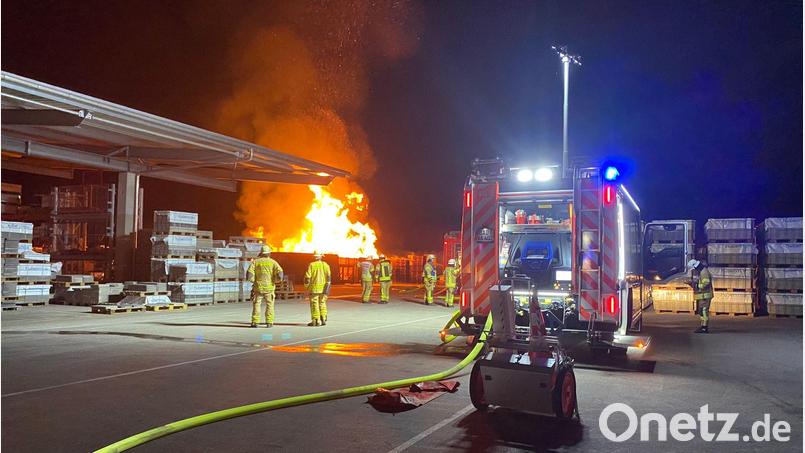 Auf dem Gelände eines Unternehmens standen in der Nacht zum Montag Abfallcontainer und Paletten in Flammen. Bild: Feuerwehr/exb