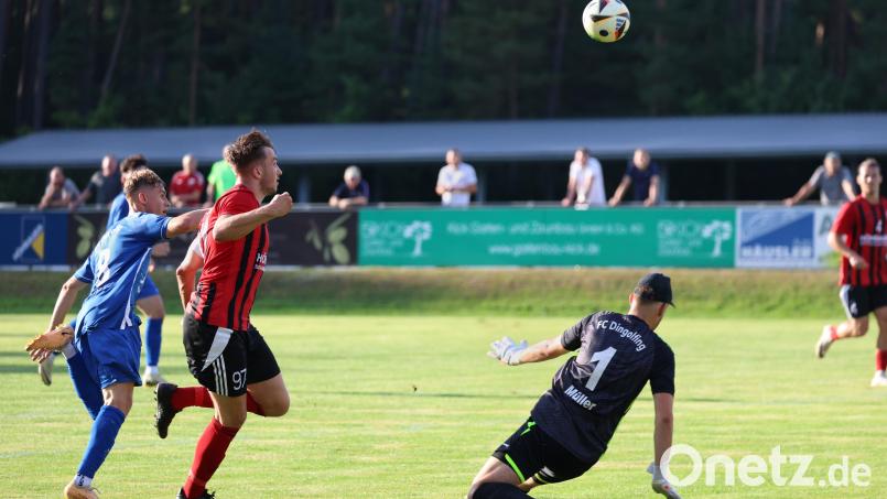 SC-Stürmer Nico Argauer (Zweiter von links) beobachtet die Flugbahn des Balles: Diese Aktion führte zwar nicht zu einem Tor, was der SC Luhe-Wildenau aber verschmerzen konnte. Gegen den FC Dingolfing gelang auch so ein 2:0-Heimsieg. Bild: Dieter Jäschke